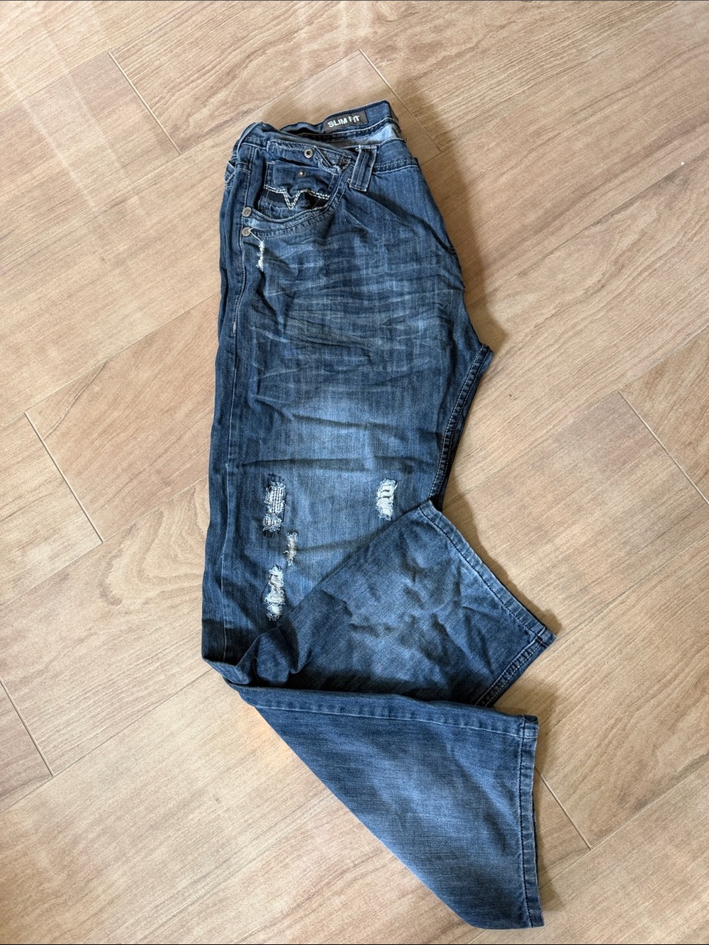 Men's Dark Blue Distressed Slim Jeans